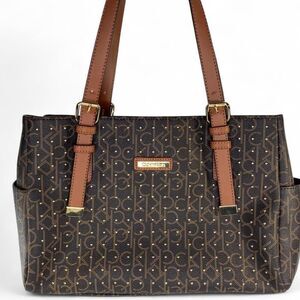 Calvin Klein Studded Brown Monogram Structured Shoulder Bag